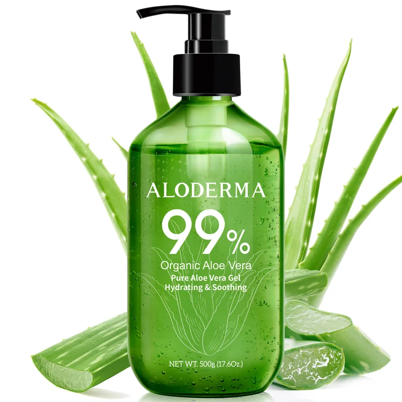 500 g pump bottle of Pure Aloe Vera Gel 99% with aloe leaves in the background